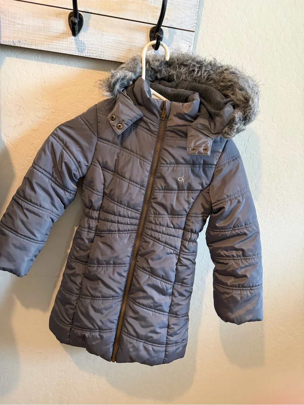 Calvin Klein Jeans Light Gray Girls' Puffer Jacket with Hood